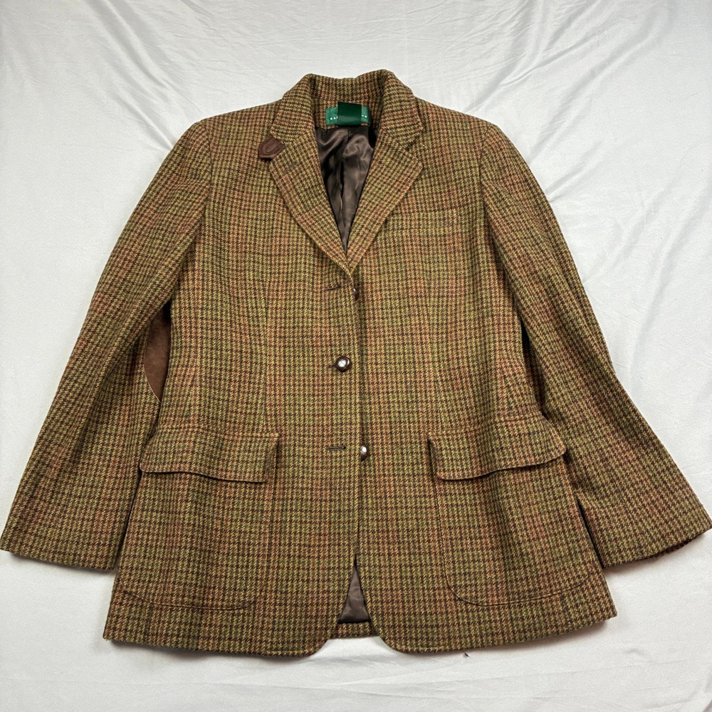 Lauren Ralph Lauren Skirt Suit Women 8 Brown Houndstooth Wool Suede Patches - Picture 2 of 16